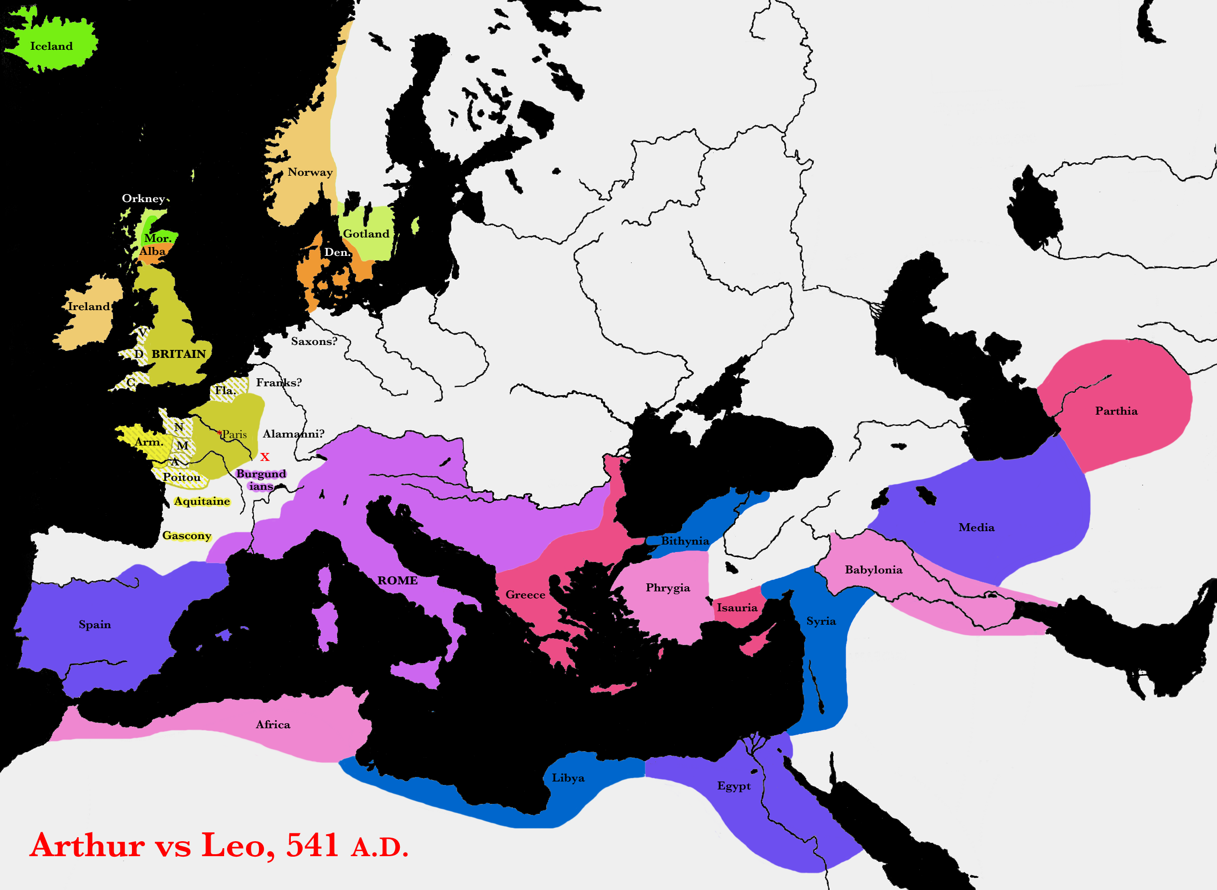 Alternate or pseudo-history map of the realms of King Arthur and Emperor Leo in 541